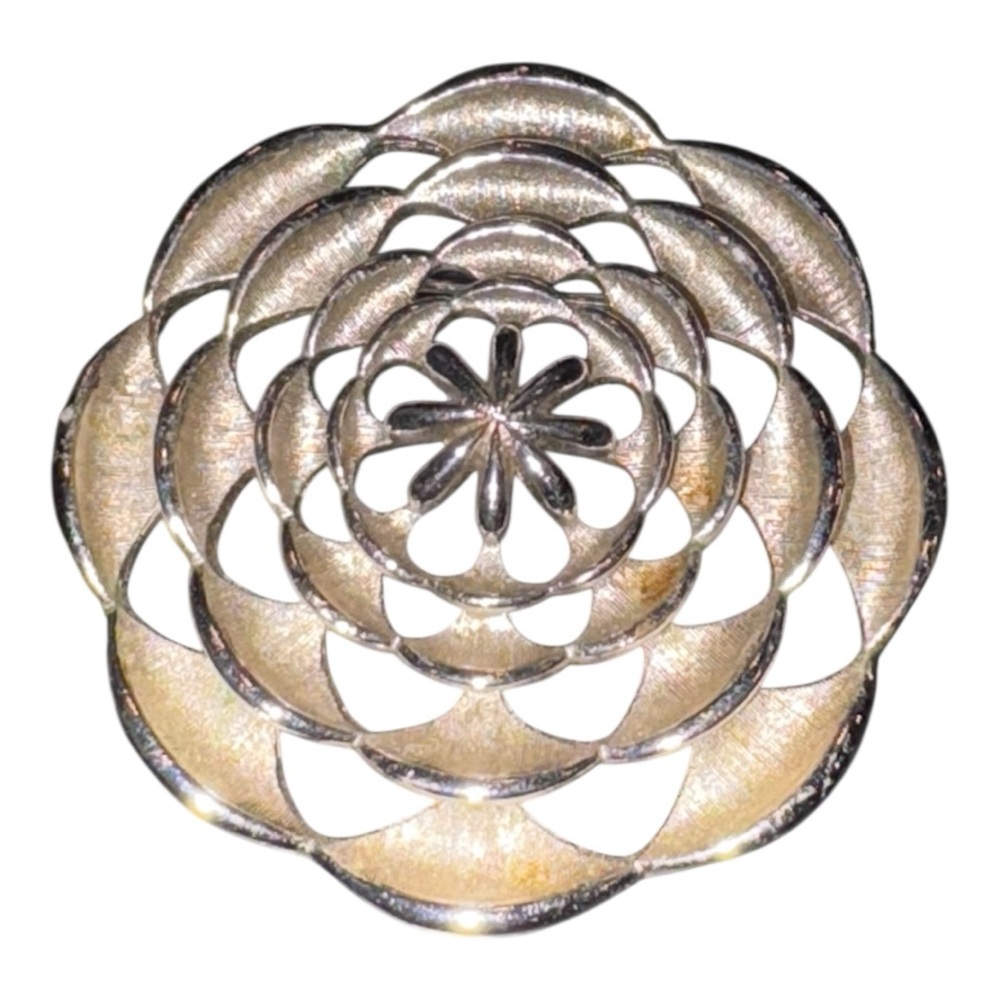 CoroCraft Vintage Openwork Flower Brooch Silver-Tone Textured Petals Signed JB7